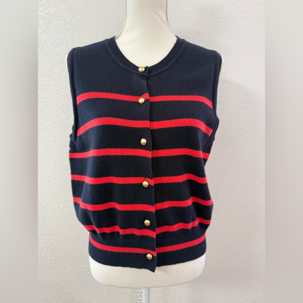 FREE ASSAMBLY Women’s Striped Navy Red  Sleeveless Button Cardigan sweater L
